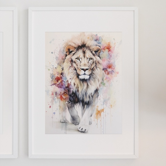 Watercolor Lion With Flowers Portrait Wall Art Illustration Print Unframed - Picture 3 of 6